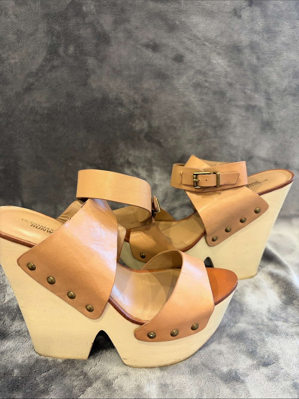BCBGMaxAzria Tan/Cream Leather Platform Wedge Sandals